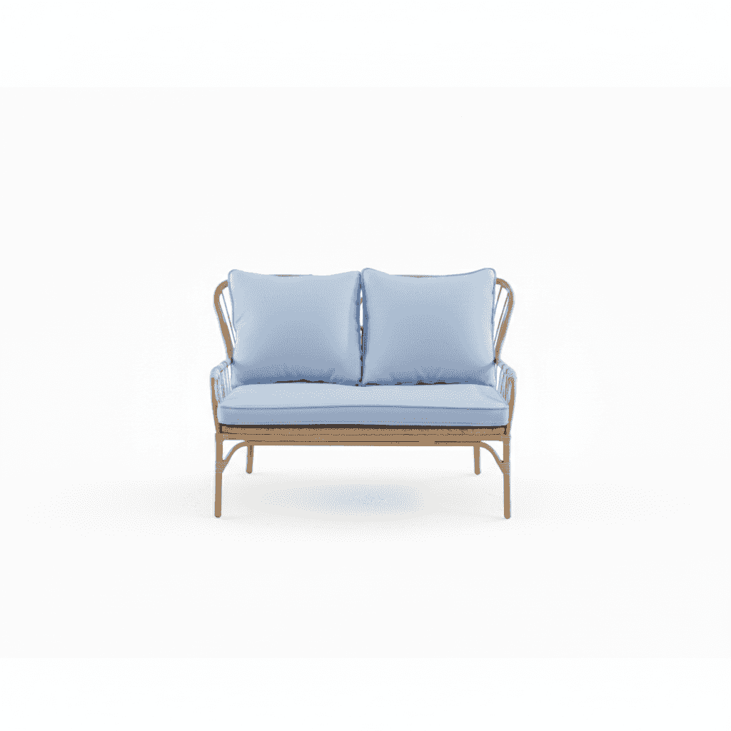 4 seater aluminium lounge set with wood accents and blue cushions in a cozy outdoor setting.