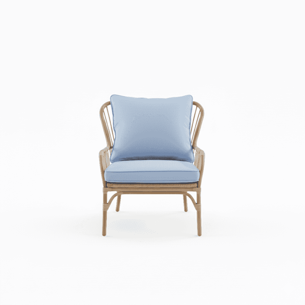 4 seater aluminium wood lounge set with blue cushions in outdoor setting.