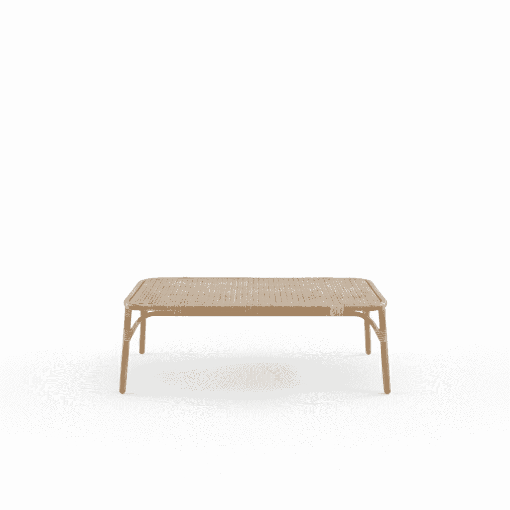 4 seater aluminium wood lounge set with blue cushions in a stylish outdoor setting.