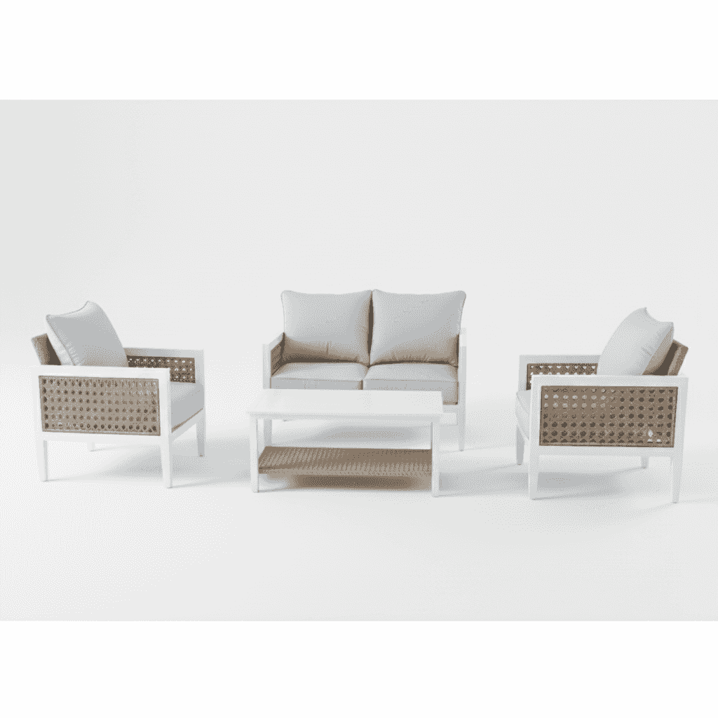 4 seater aluminum rattan lounge set by , featuring stylish cushions and a modern design for outdoor relaxation.