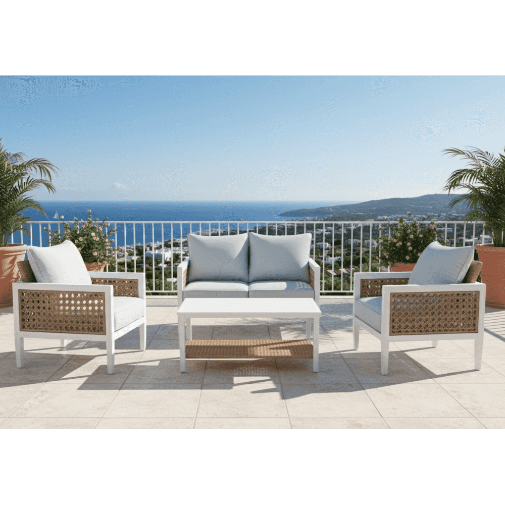 4 seater aluminum rattan lounge set with plush cushions and a stylish design for outdoor relaxation.