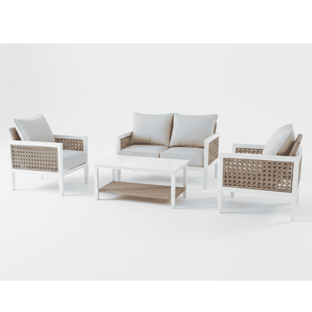 4-seater aluminum rattan lounge set with cushions, showcasing a modern outdoor seating arrangement.
