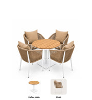 Modern outdoor dining set with wooden round table and four woven chairs from The Outdoor Furniture Market