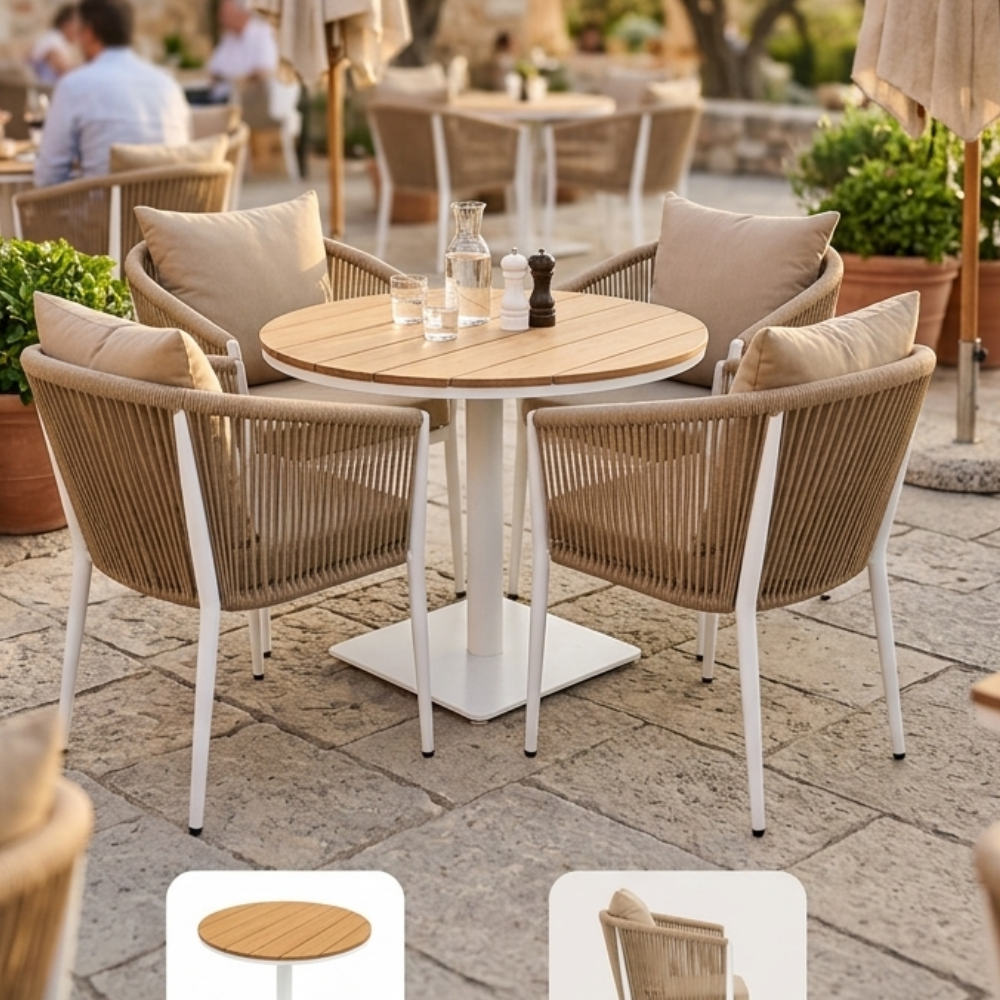 Modern outdoor dining set with a round wooden table and four woven patio chairs at The Outdoor Furniture Market