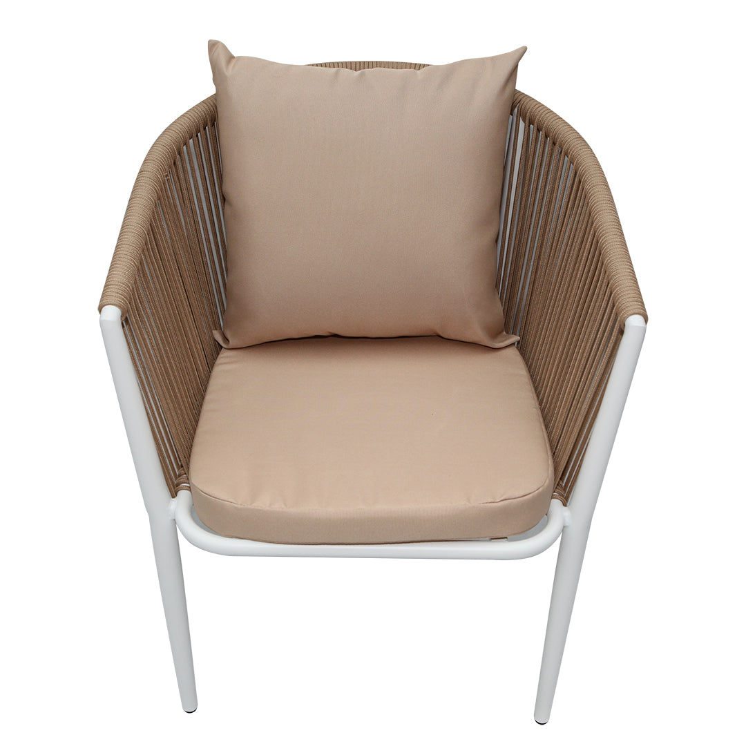 Modern white frame outdoor armchair with beige rope detailing and cushions at The Outdoor Furniture Market