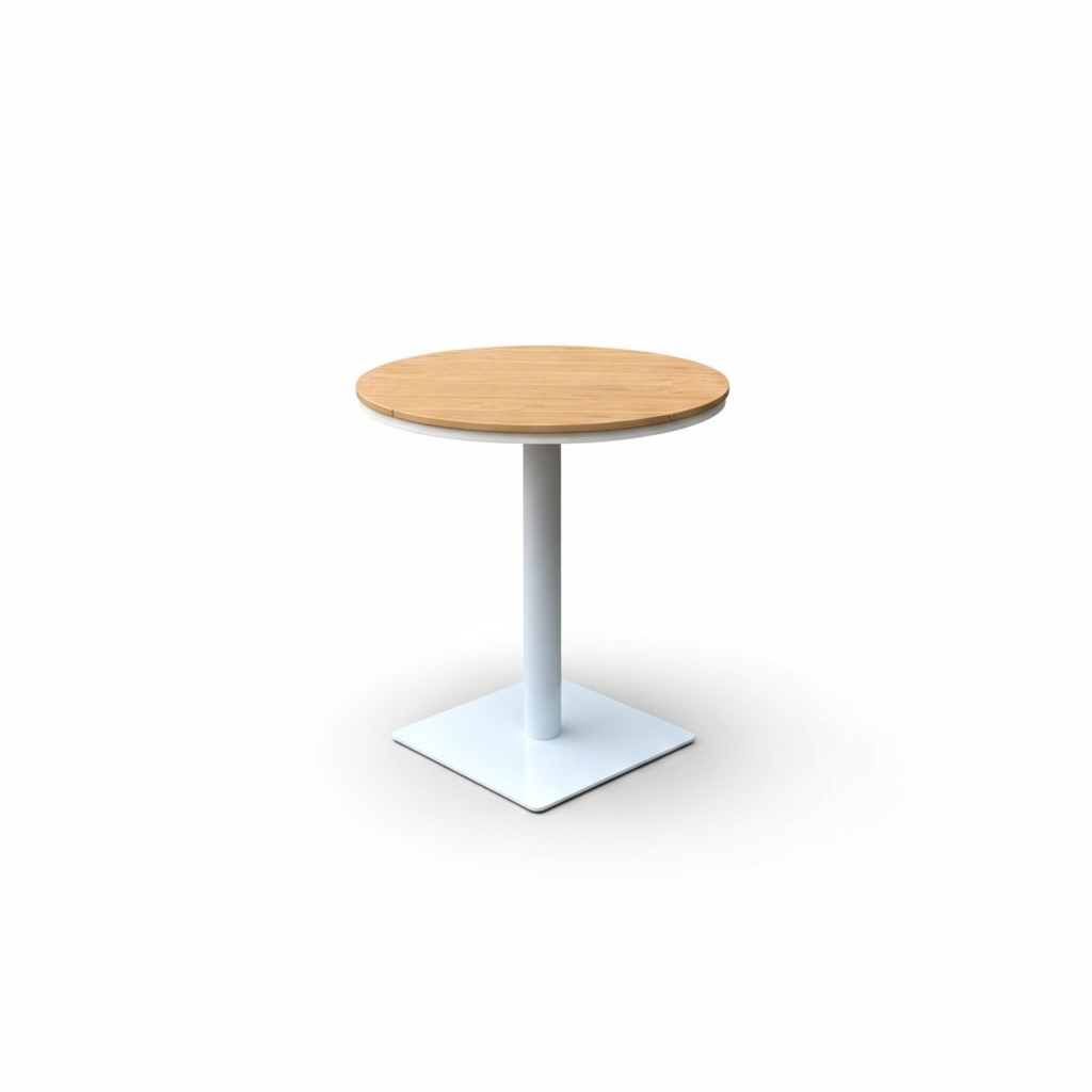 Round light wood top cafe table with white pedestal base from The Outdoor Furniture Market