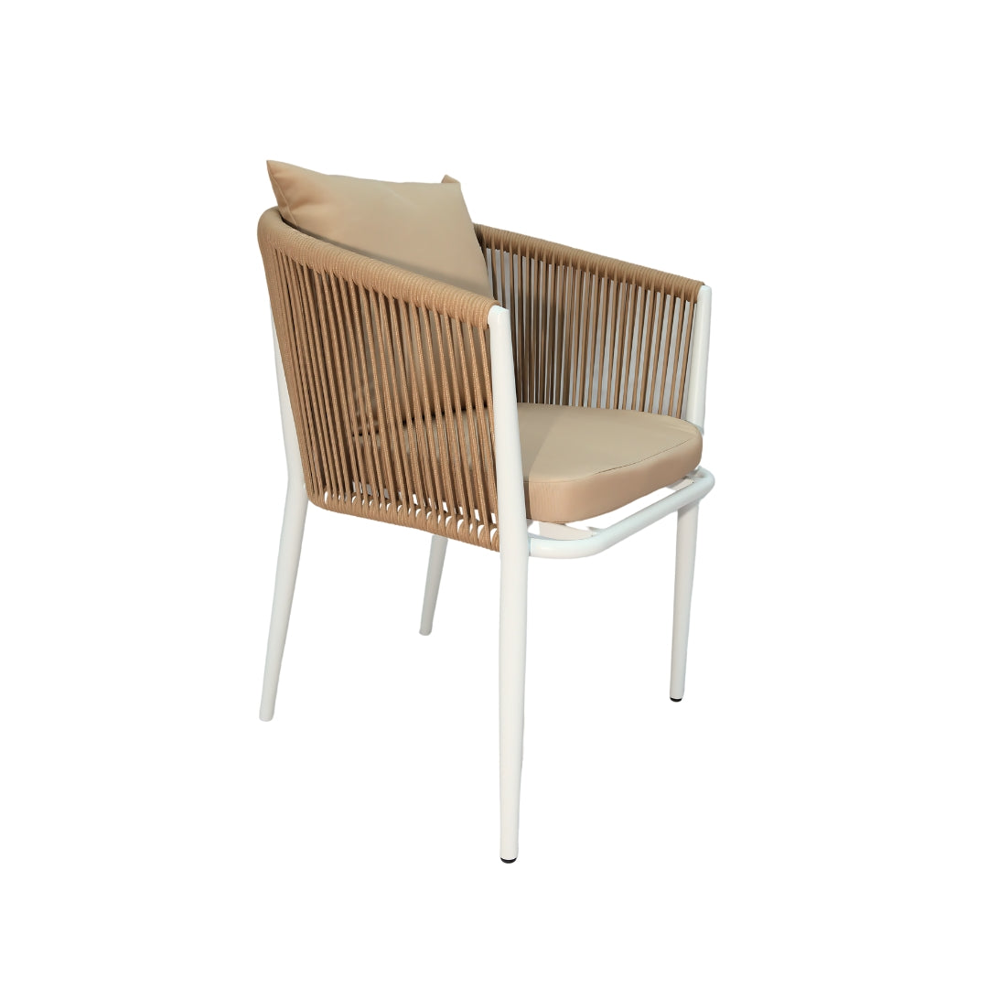 Modern white outdoor armchair with beige rope weave and cushion at The Outdoor Furniture Market