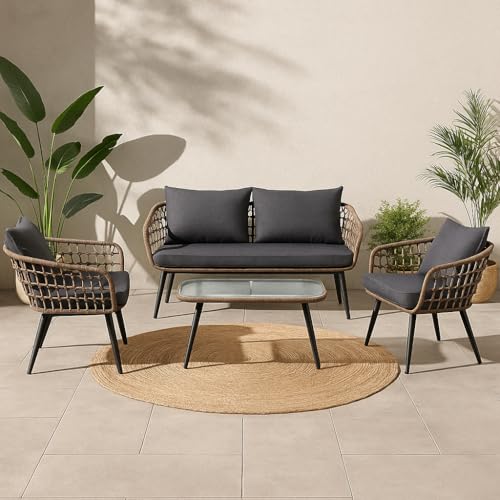 4-Piece Rattan Outdoor Lounge Set with Tempered Glass Coffee Table