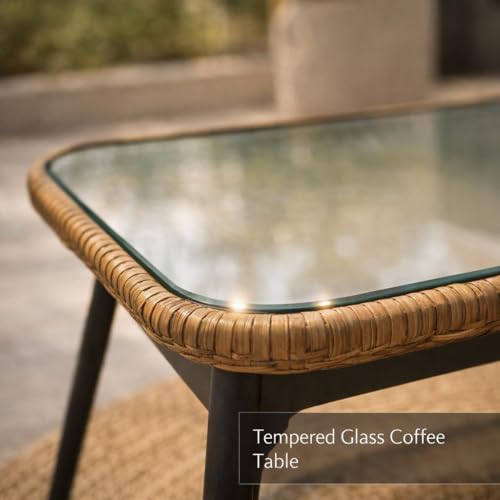 4-Piece Rattan Outdoor Lounge Set with Tempered Glass Coffee Table