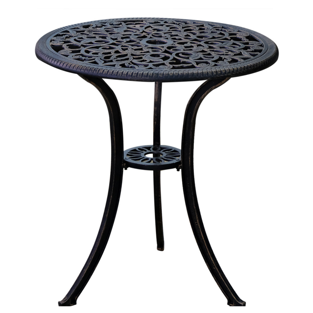 Cast aluminum brown balcony set by Casa Fiora, featuring two chairs and a table in an outdoor setting.