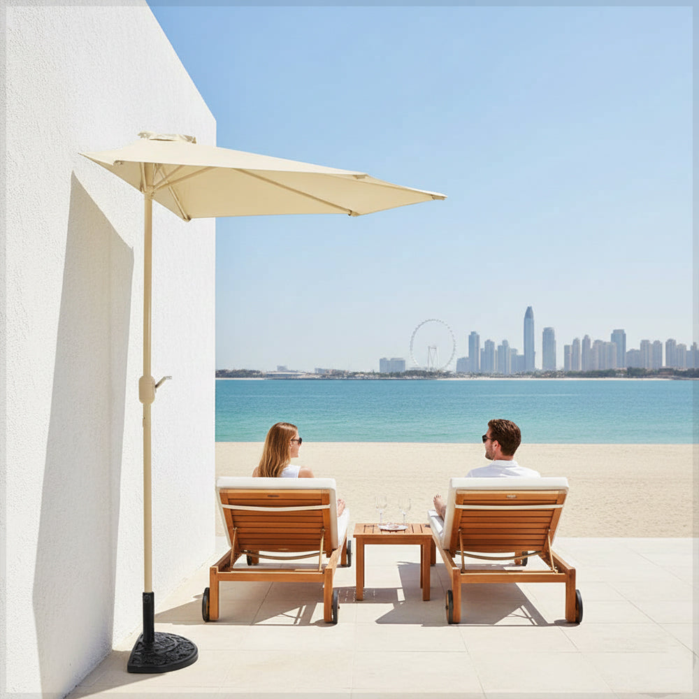 Half Wall Umbrella with Base & Tassels | 270cm | Cream & Khaki