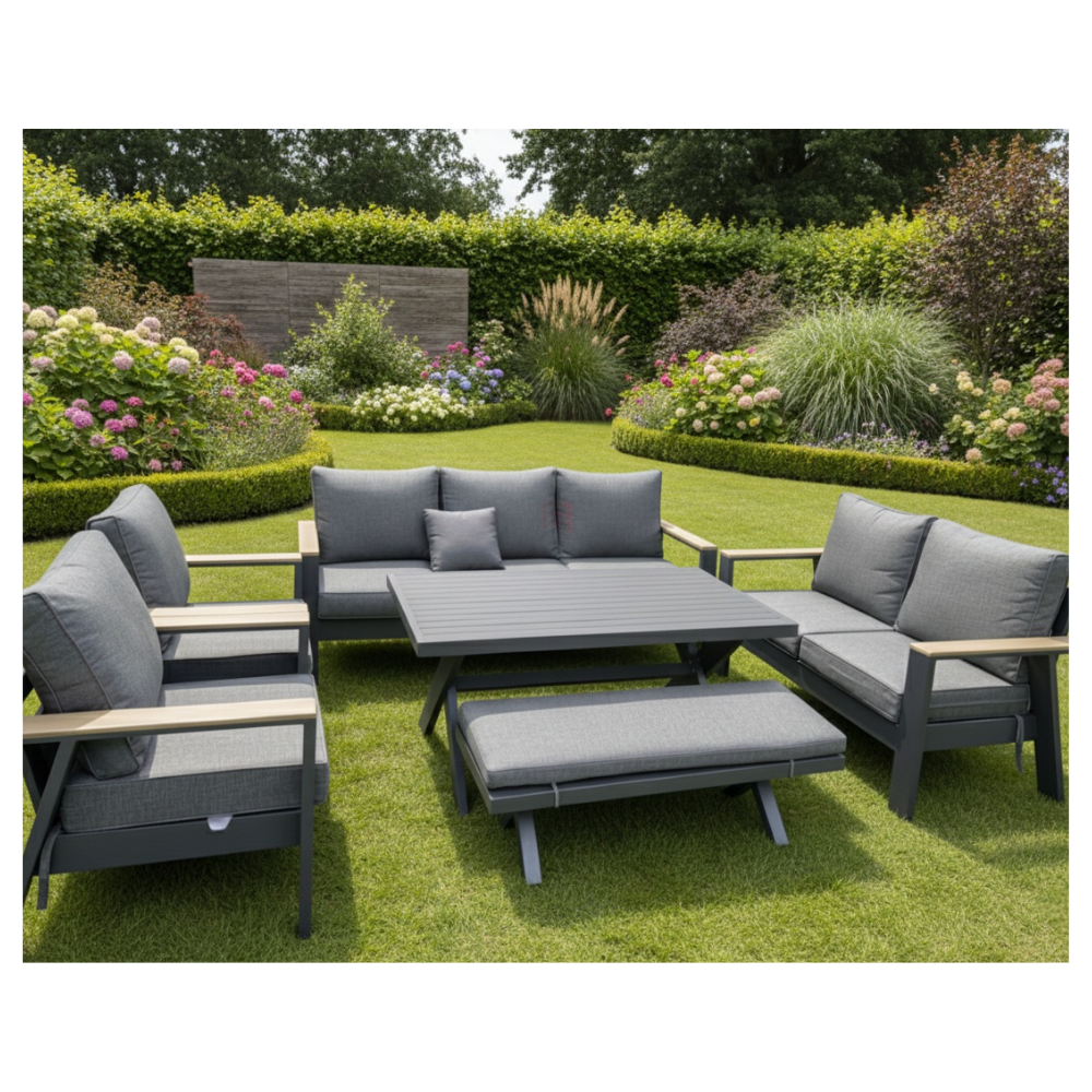 Modern 9-Seater Outdoor Lounge Set – Aluminum Frame with Premium Cushions &amp; Dining Table
