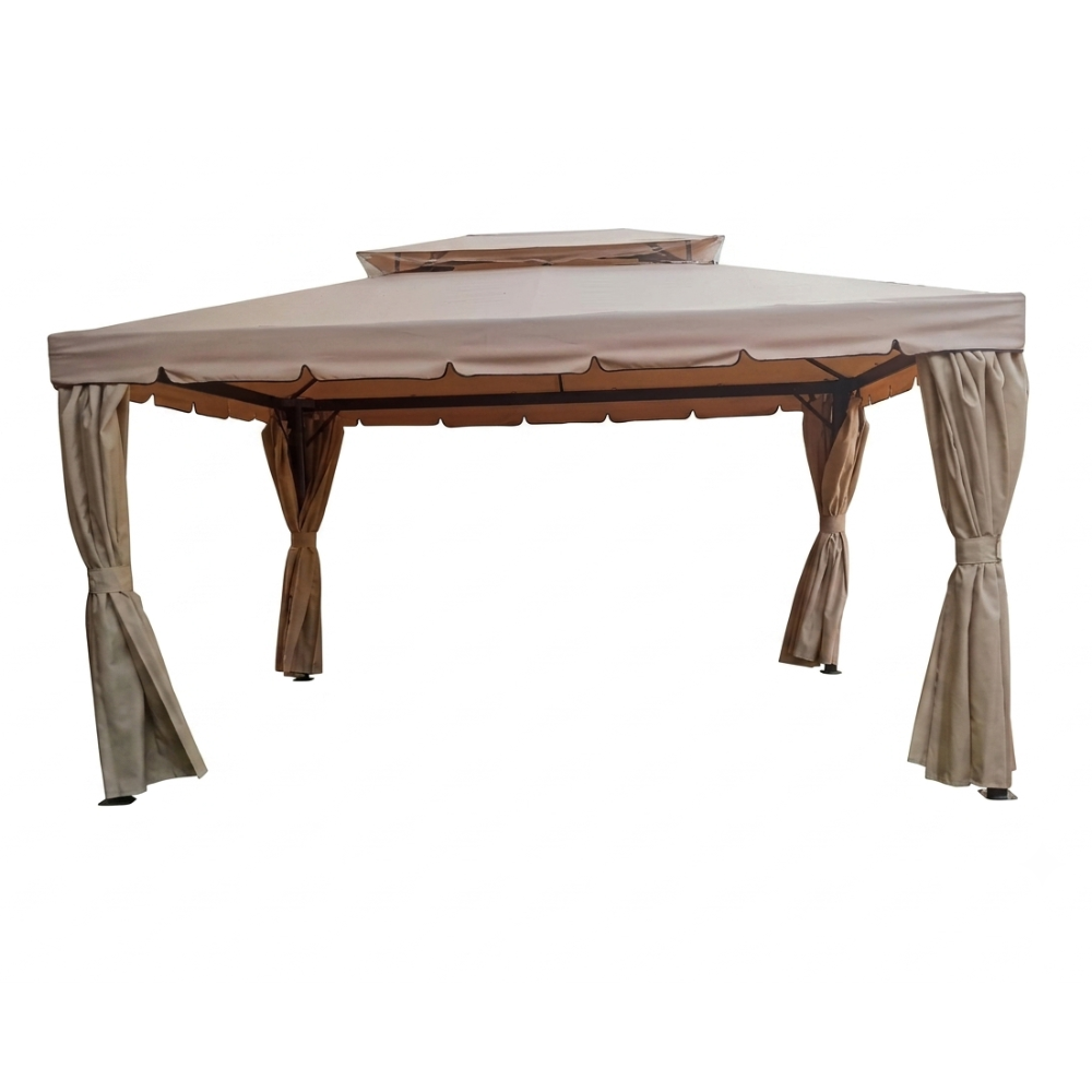 Beige gazebo with privacy curtains from The Outdoor Furniture Market