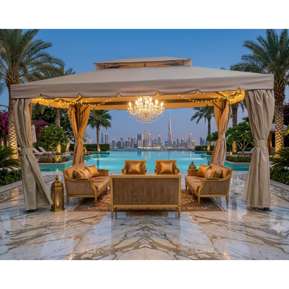 Luxury outdoor lounge set under a gazebo with a city skyline view at The Outdoor Furniture Market