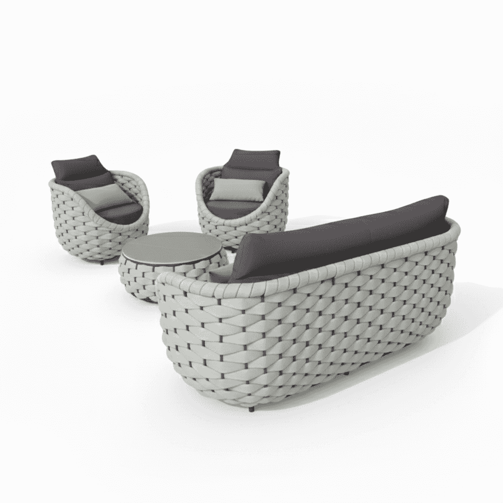 5-seater outdoor sofa set with table, featuring 3+1+1 seating arrangement in a stylish garden setting.