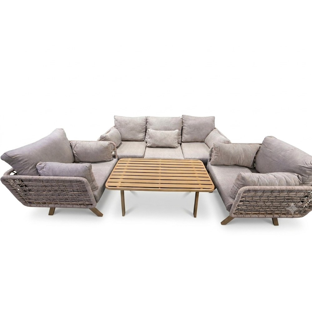 Grey wicker sectional sofa set with a wooden coffee table from The Outdoor Furniture Market