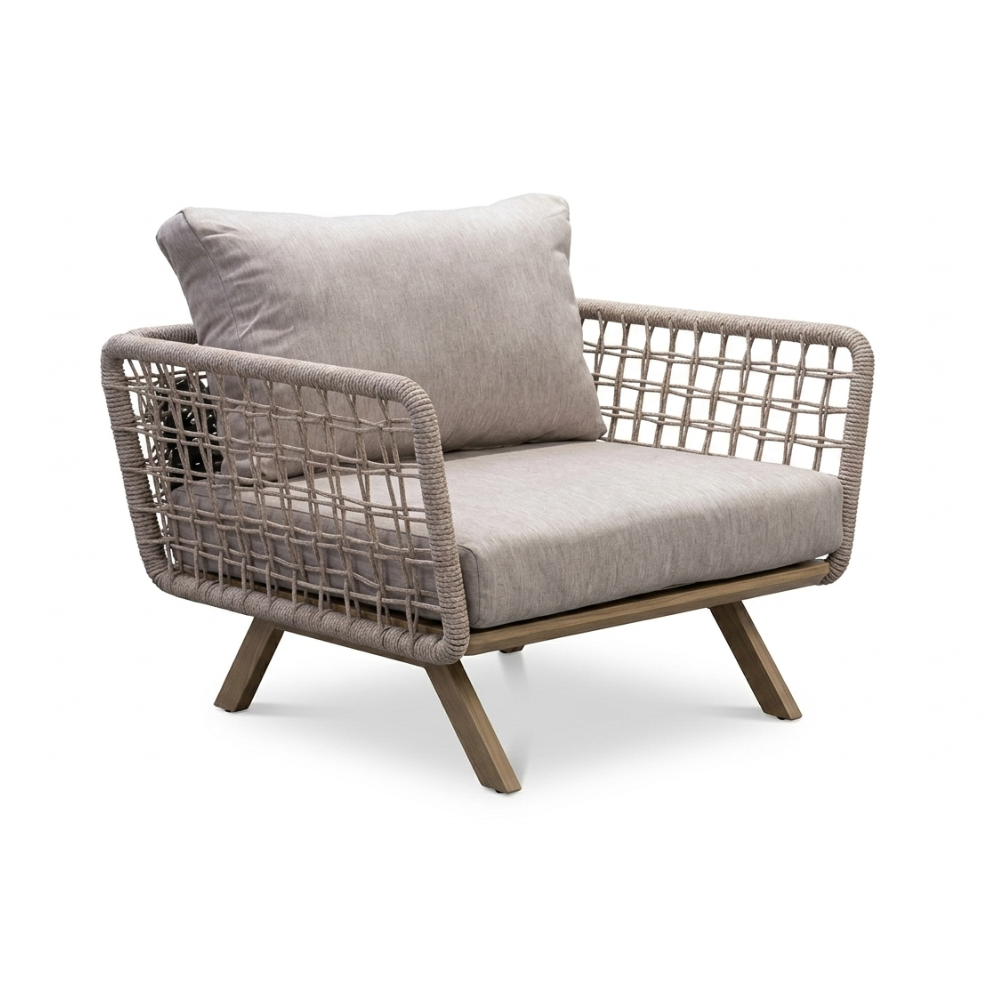 Modern woven rope outdoor armchair with grey cushions from The Outdoor Furniture Market