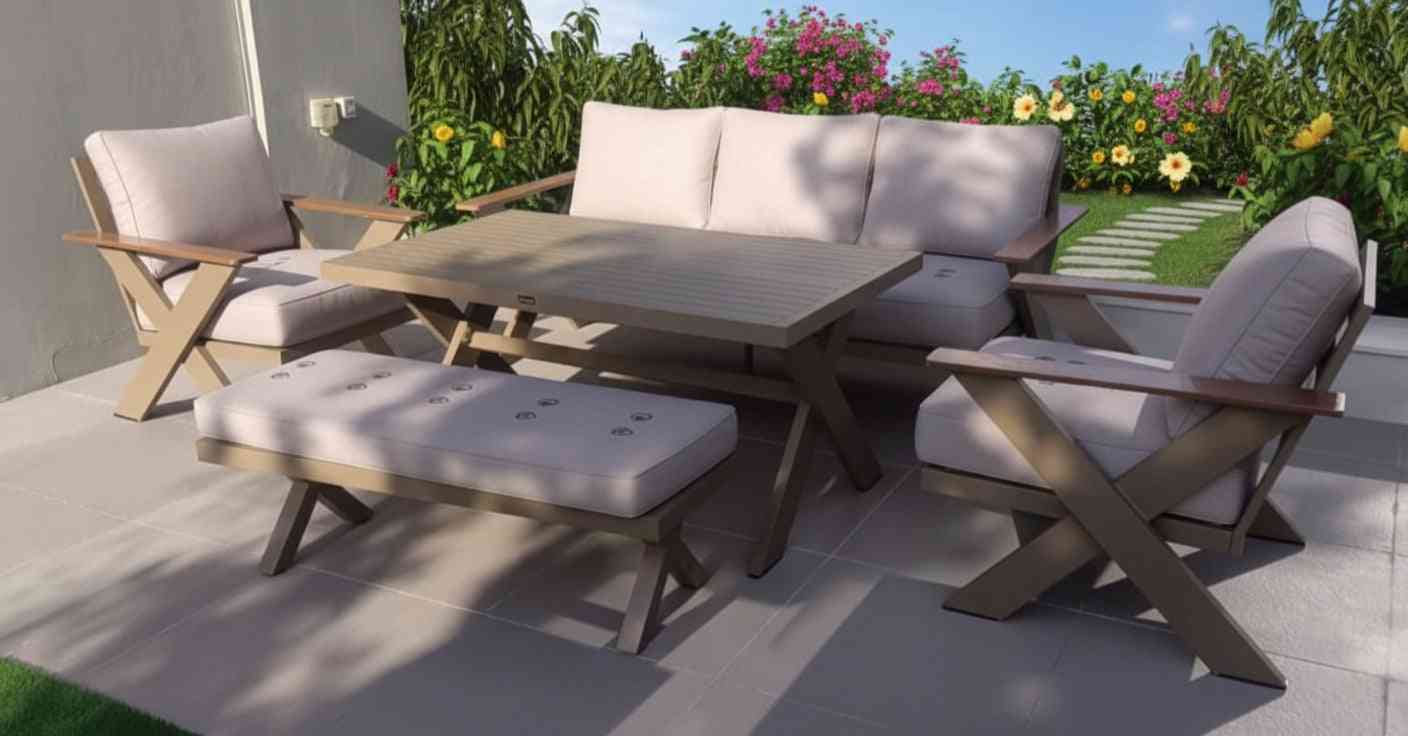 Outdoor 5-seater sofa set by The Outdoor Furniture Market, featuring plush cushions and a stylish design for patio relaxation.