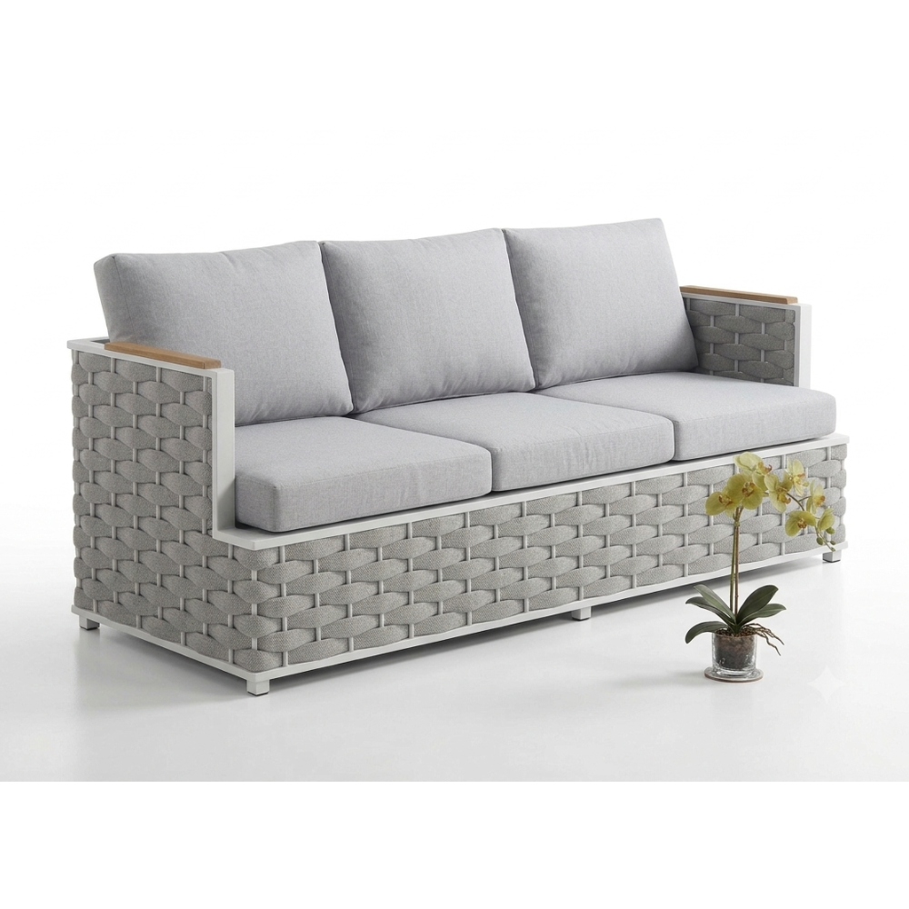 Grey wicker outdoor sofa with cushions from The Outdoor Furniture Market