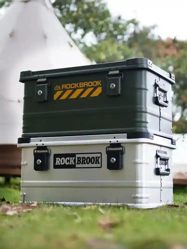 Portable 50L aluminum storage box with lock and folding stand for camping and outdoor use by The Outdoor Furniture Market