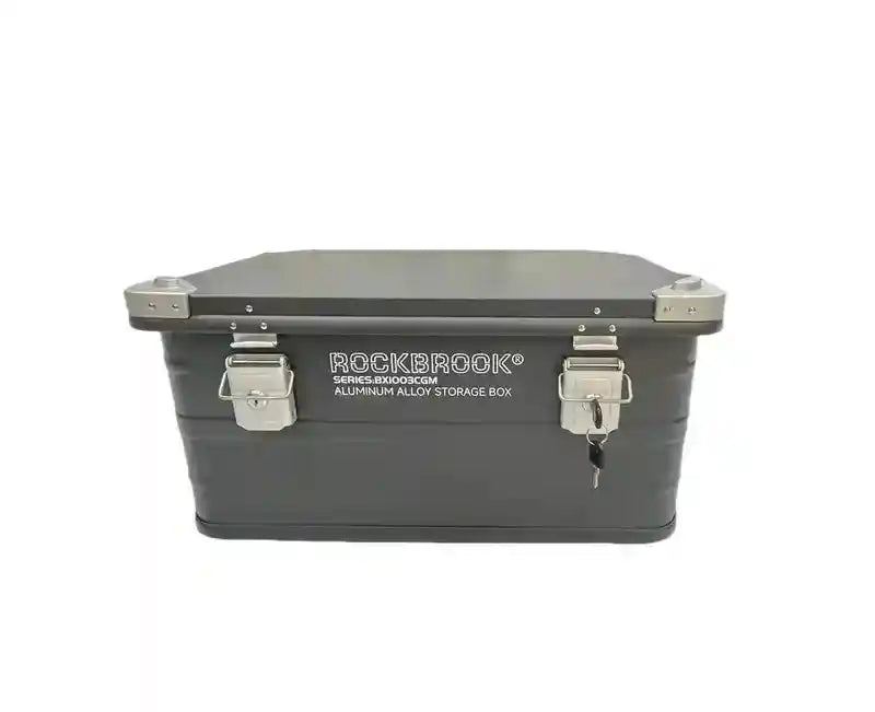 50L portable aluminum storage box with lock and folding stand, ideal for camping and outdoor gear storage