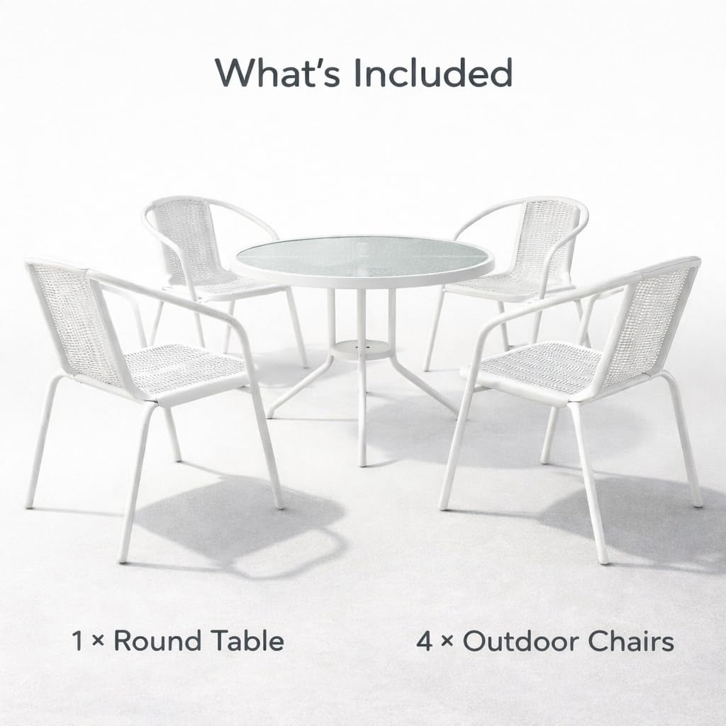 Deep Sleep 4-Seater Outdoor Dining Set | Round Glass Table & Stackable Ply Rattan Chairs | Weatherproof Balcony & Patio Furniture Set | White