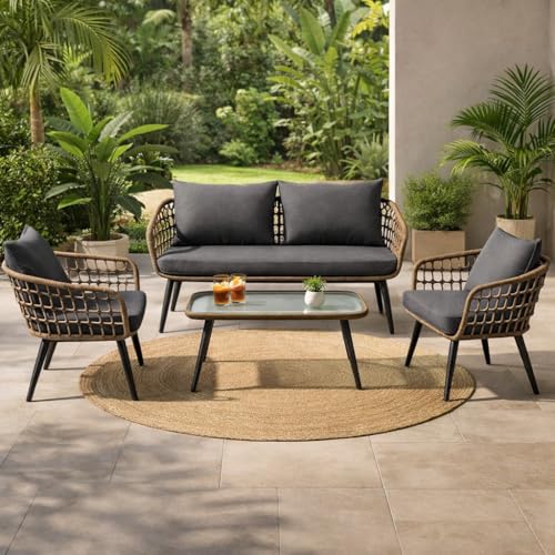 4-Piece Rattan Outdoor Lounge Set with Tempered Glass Coffee Table