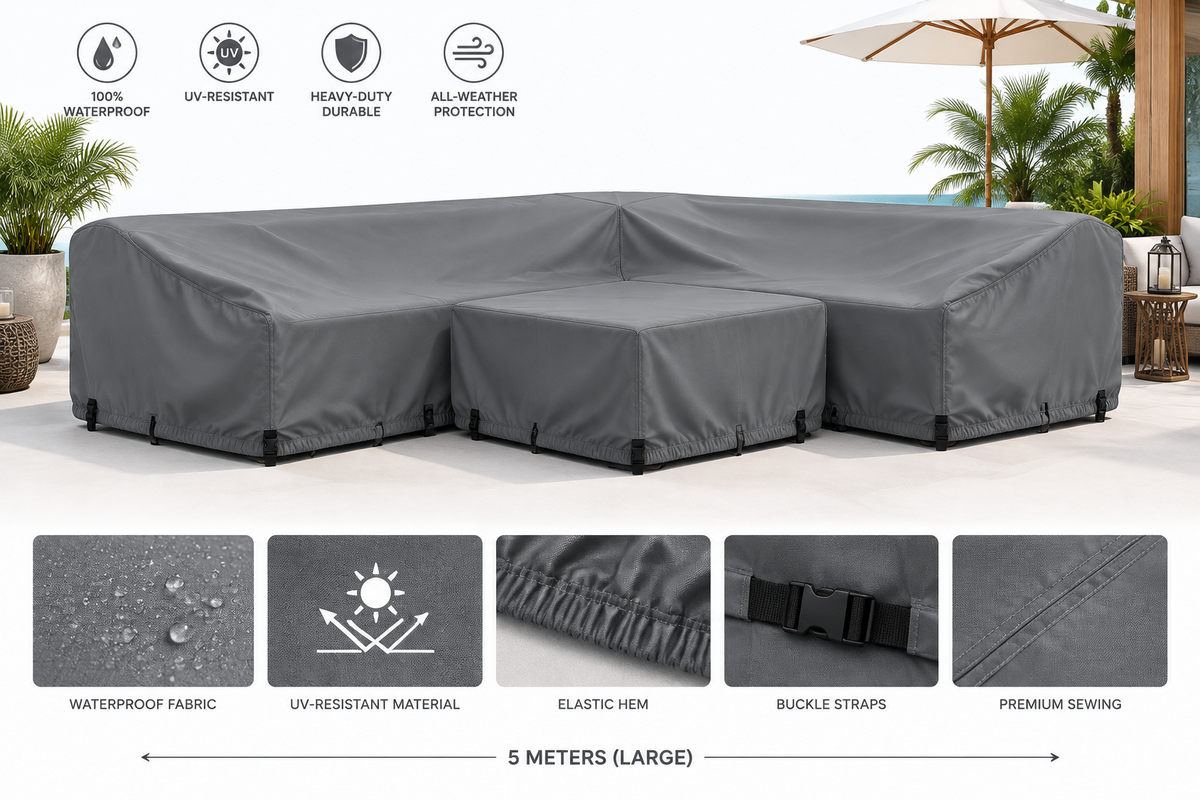 UV-resistant waterproof outdoor furniture cover by The Outdoor Furniture Market, shown in 5m size in grey color.