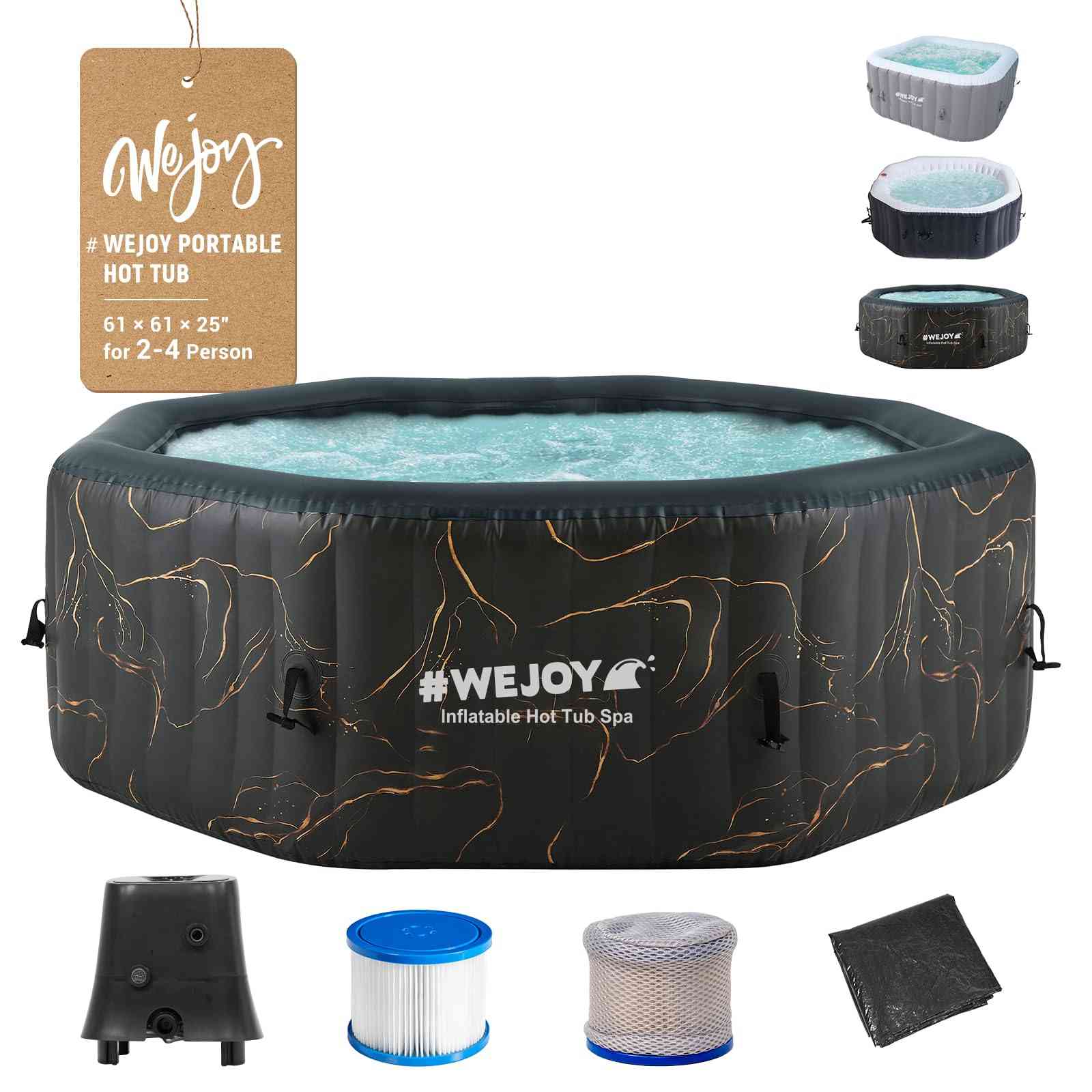 Black 6-person inflatable hot tub with 130 air jets from The Outdoor Furniture Market, featuring comfortable seating and relaxing bubbles.