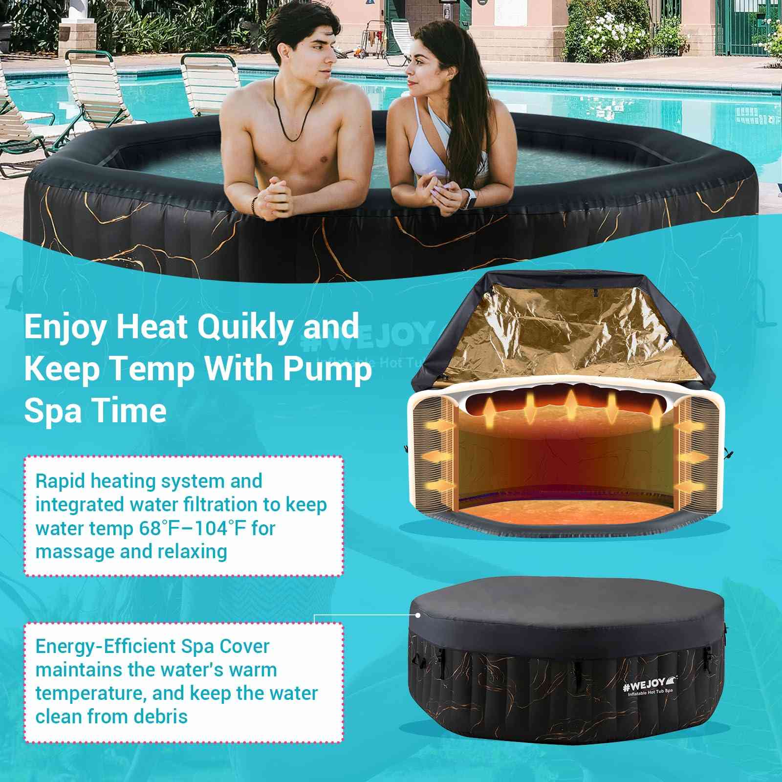 Black 6-person inflatable hot tub with 130 air jets from The Outdoor Furniture Market, featuring a spacious design and relaxing jets.