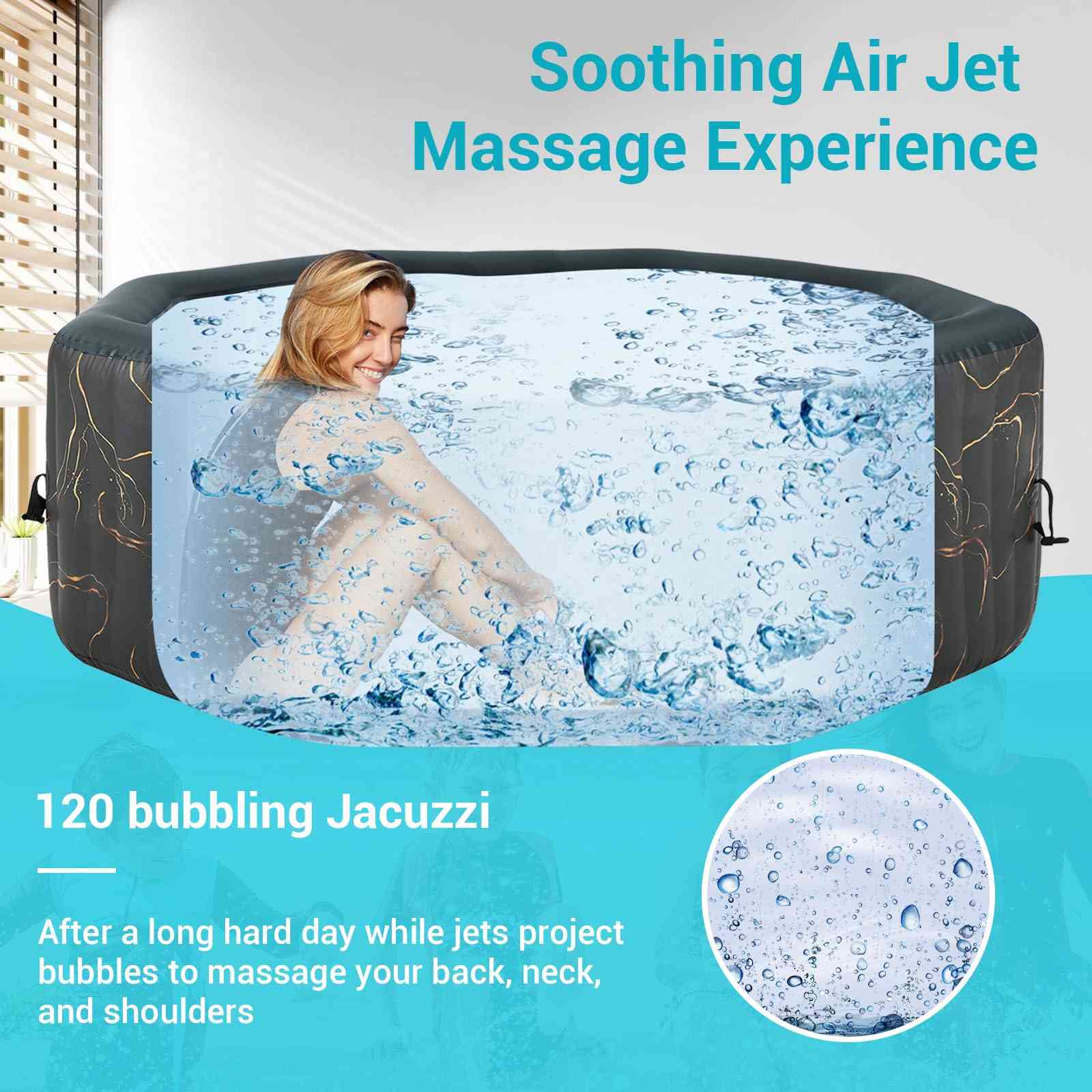 Black 6-person inflatable hot tub with 130 air jets, ideal for relaxing outdoors, from The Outdoor Furniture Market.