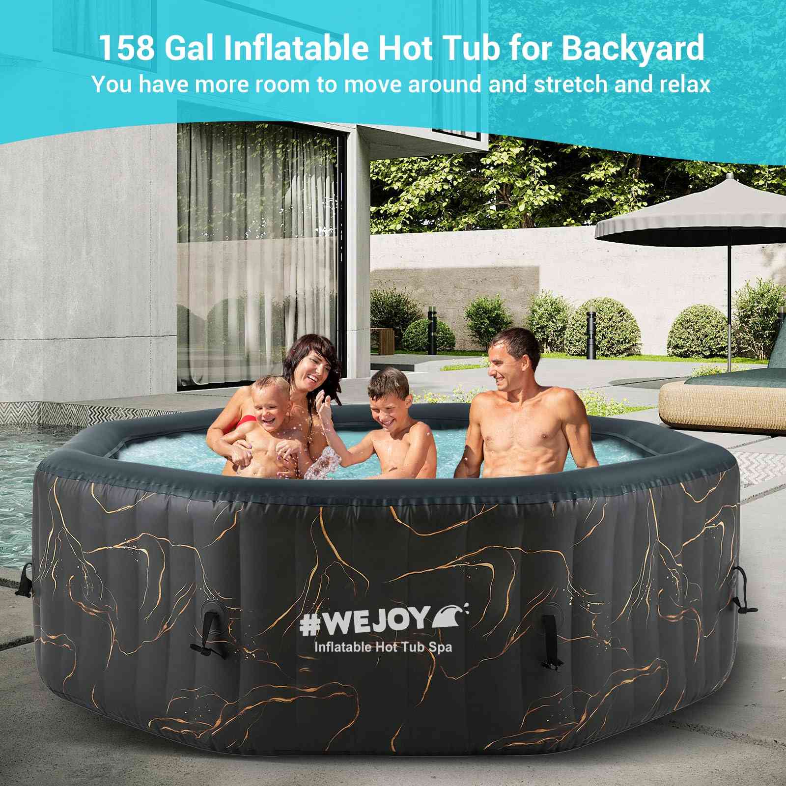 Black 6-person inflatable hot tub with 130 air jets from The Outdoor Furniture Market, featuring comfortable seating and relaxing bubbles.