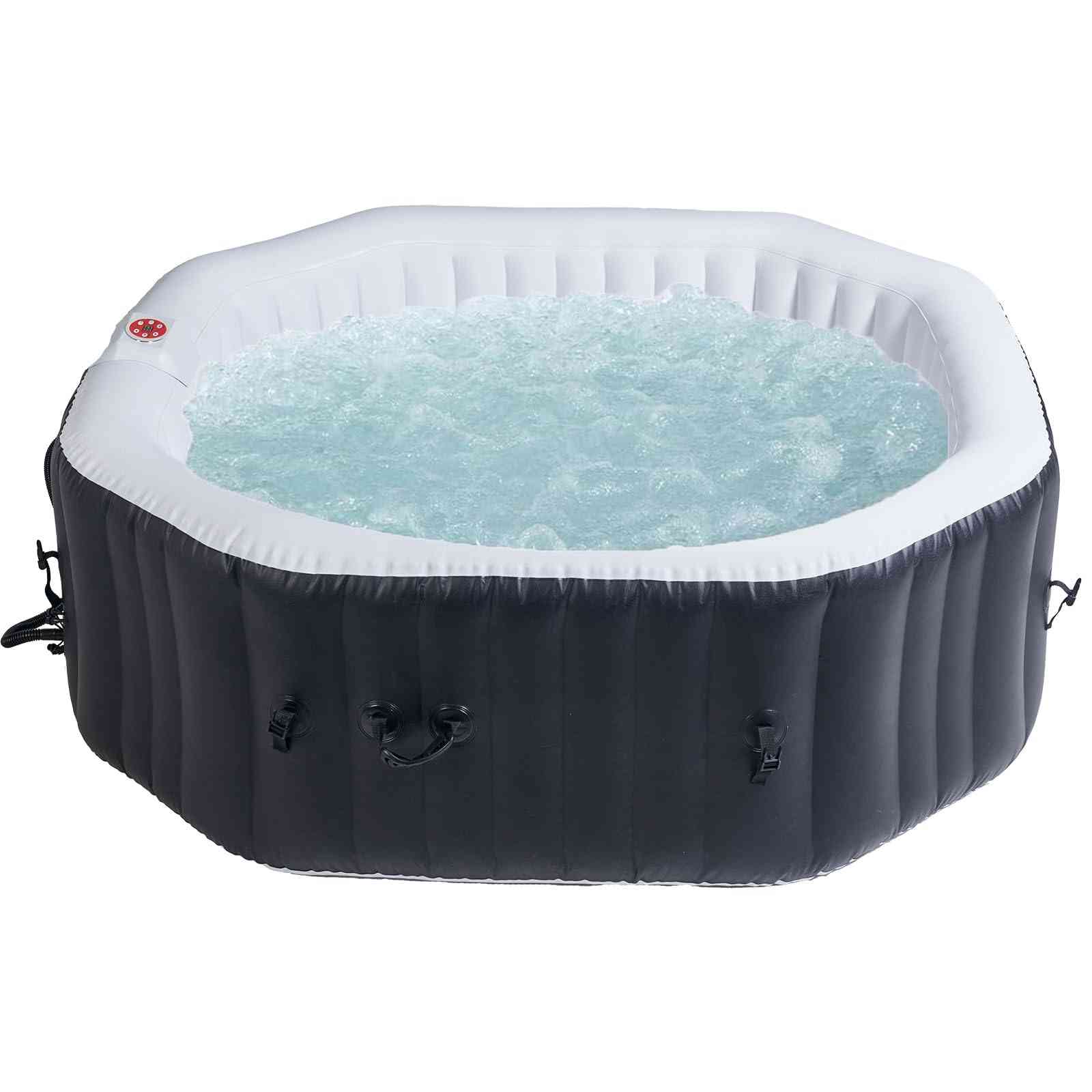 Black 6-person inflatable hot tub with 130 air jets, from The Outdoor Furniture Market, showcasing the spacious, relaxing hot tub interior.
