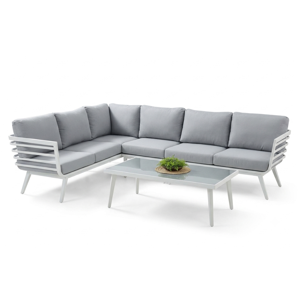 Modern grey sectional outdoor sofa and glass coffee table set at The Outdoor Furniture Market