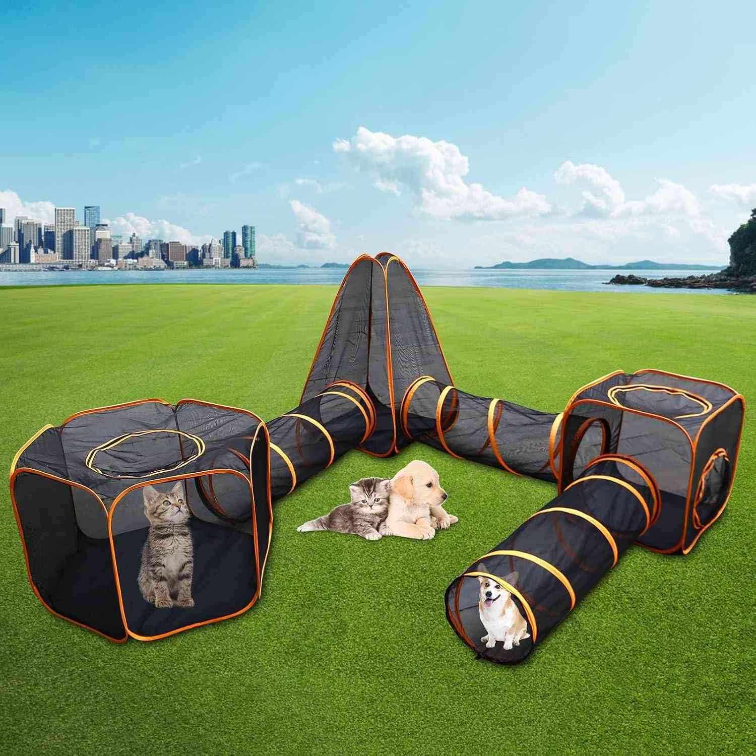 Large 6-in-1 outdoor cat and dog house with tunnel, modular pet playpen from The Outdoor Furniture Market, showing its spacious design.