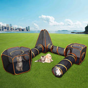 Large 6-in-1 outdoor cat and dog house with tunnel, modular pet playpen from The Outdoor Furniture Market, showing its spacious design.