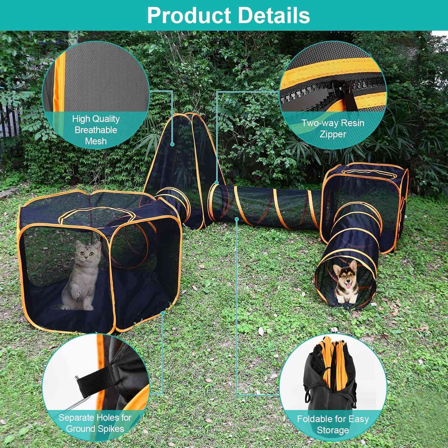 Large 6-in-1 outdoor pet house with tunnel by The Outdoor Furniture Market, featuring a modular design for cats and dogs.