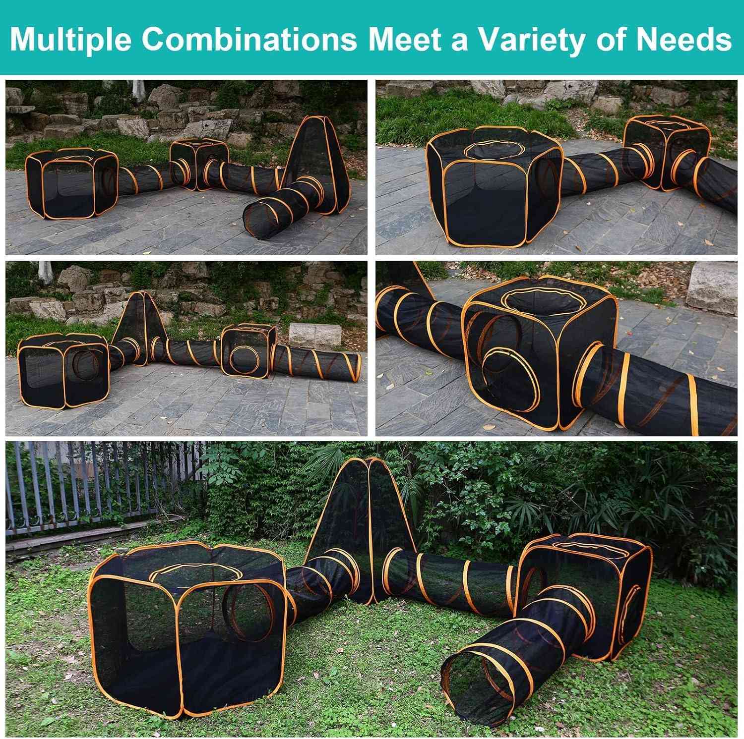Large modular outdoor pet house with tunnel for cats and dogs, featuring durable panels and spacious play area by The Outdoor Furniture Market.