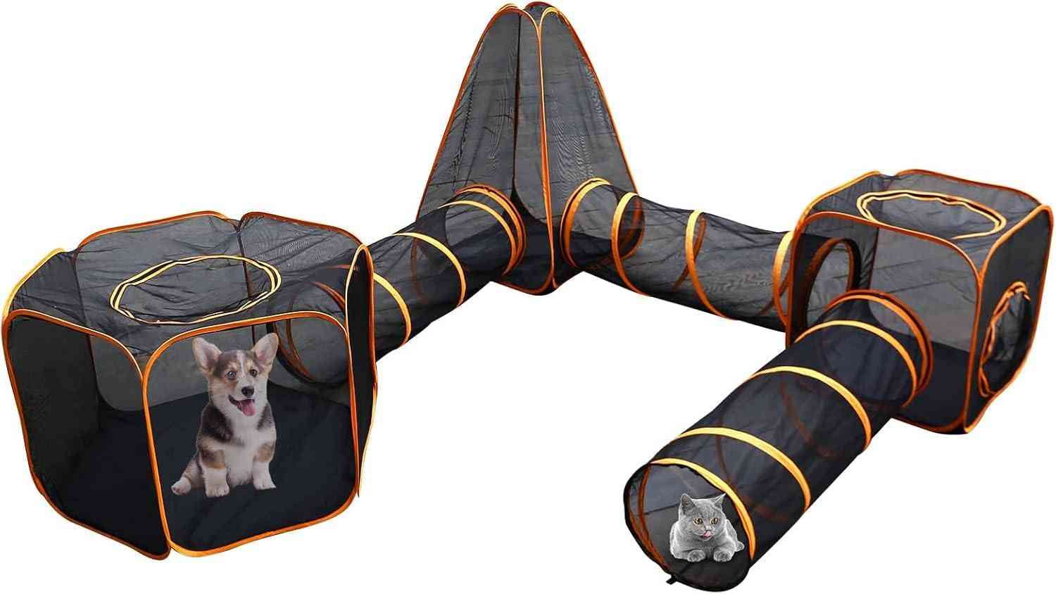 Large outdoor pet house with tunnel, modular 6-in-1 design for cats and dogs, from The Outdoor Furniture Market.