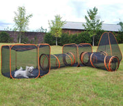 Outdoor cat enclosure with tunnel, modular pet playpen for cats and small dogs, by The Outdoor Furniture Market.