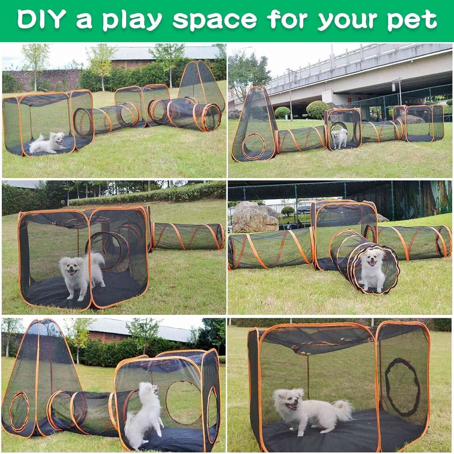 Outdoor cat enclosure with tunnel from The Outdoor Furniture Market, modular pet playpen for cats and small dogs, outdoor pet essentials.