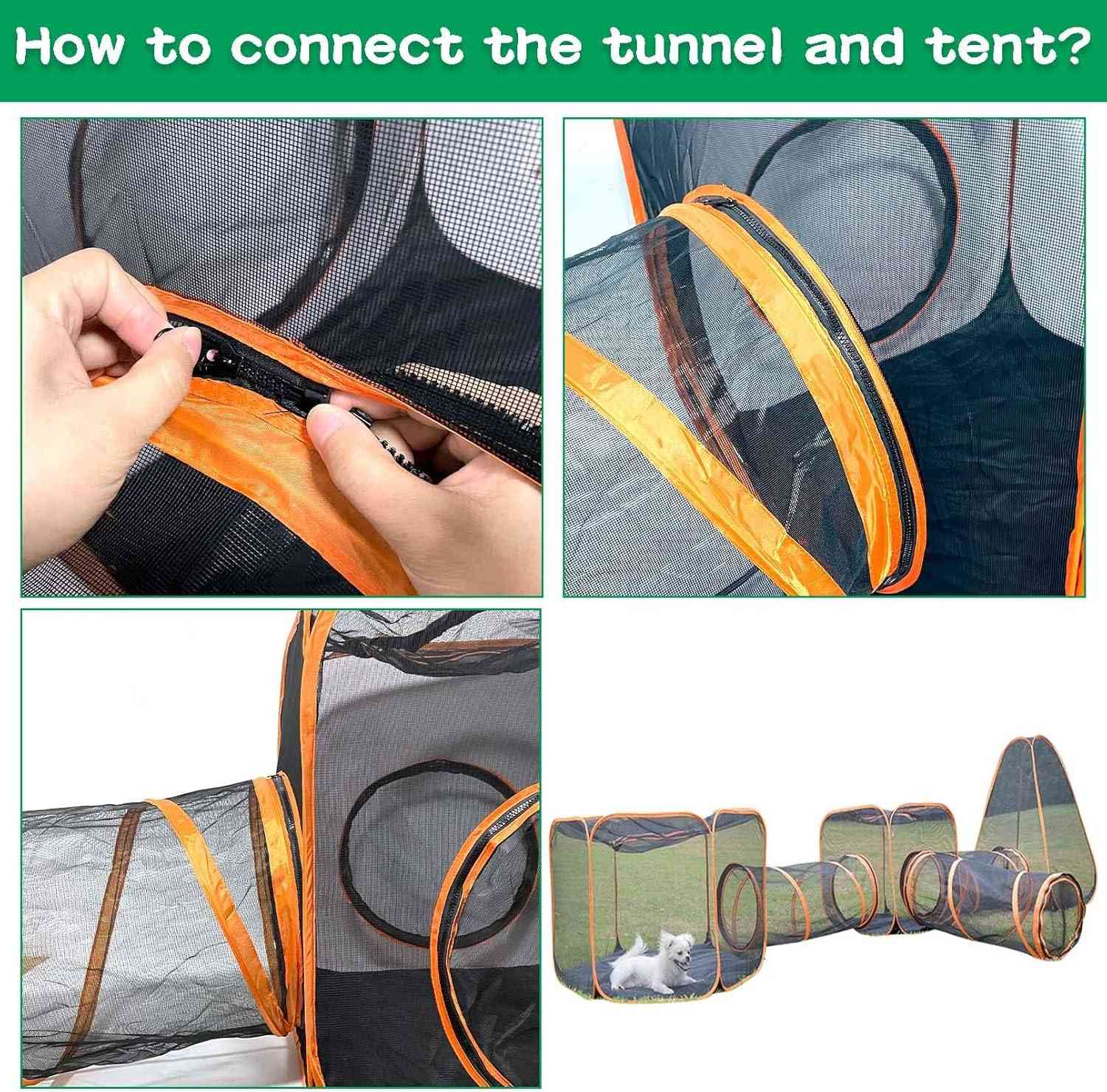 Outdoor cat enclosure with tunnel by The Outdoor Furniture Market, modular pet playpen for cats and small dogs in a sunny yard setting.