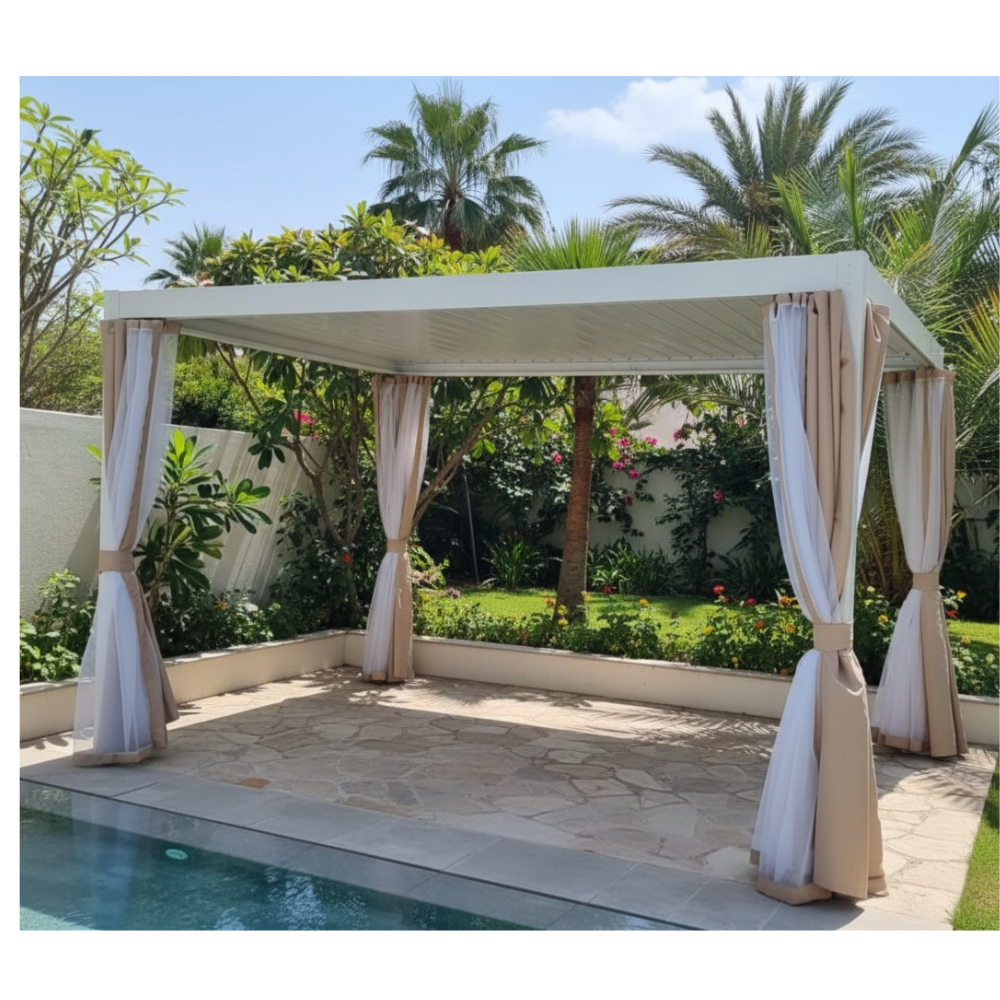 Premium Aluminum Pergola 3×4 m – Weather-Resistant with Beige Curtains