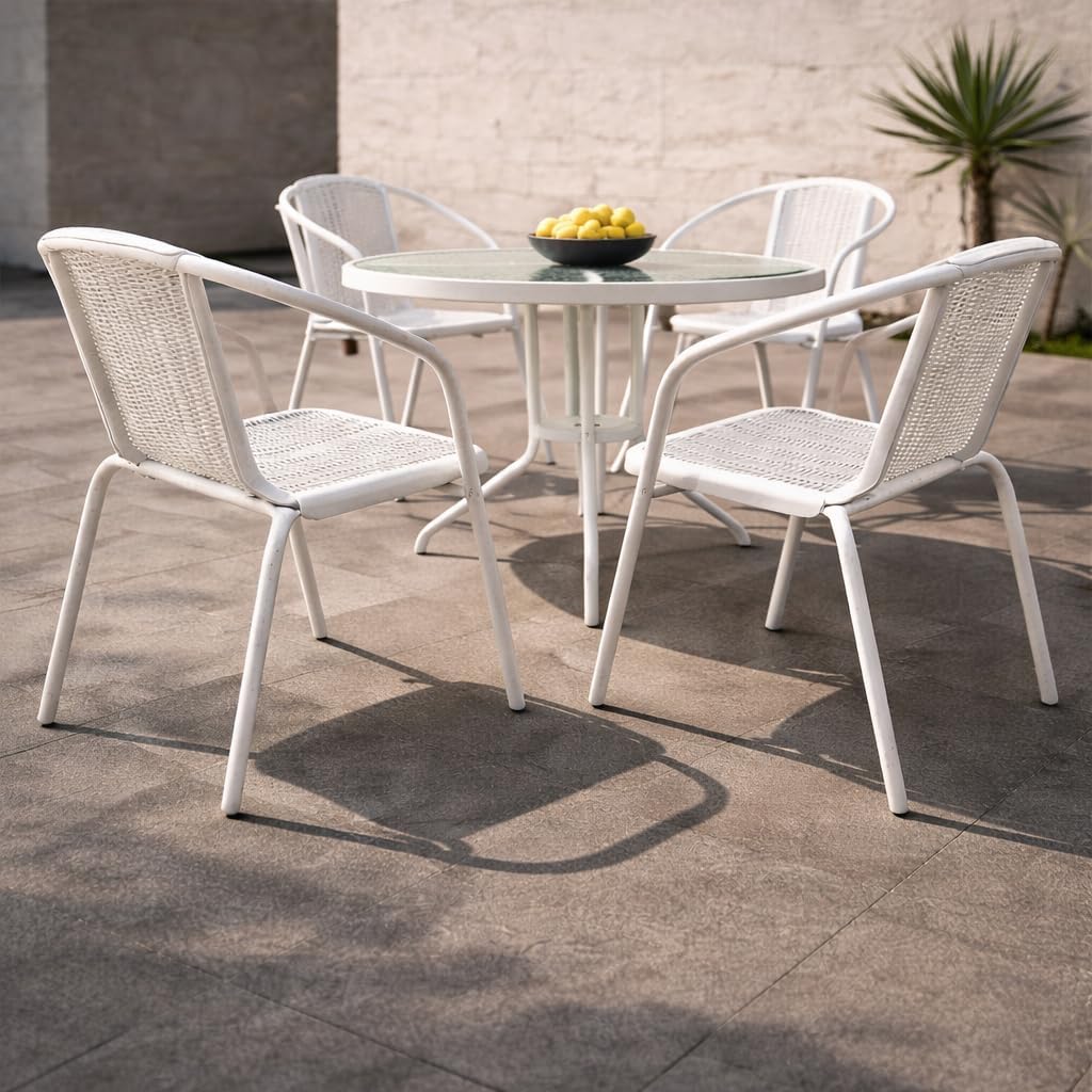 Deep Sleep 4-Seater Outdoor Dining Set | Round Glass Table & Stackable Ply Rattan Chairs | Weatherproof Balcony & Patio Furniture Set | White