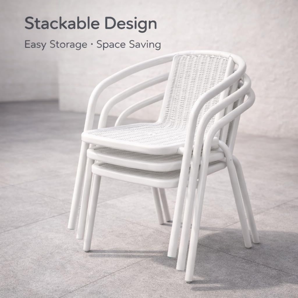 Deep Sleep 4-Seater Outdoor Dining Set | Round Glass Table & Stackable Ply Rattan Chairs | Weatherproof Balcony & Patio Furniture Set | White