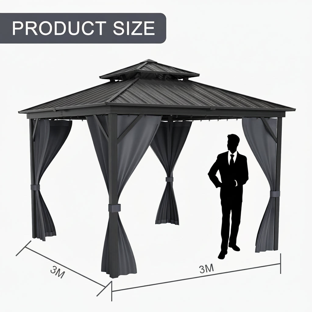 Black 3x3m aluminum gazebo from The Outdoor Furniture Market, outdoor shade structure with double roof for garden or patio use.