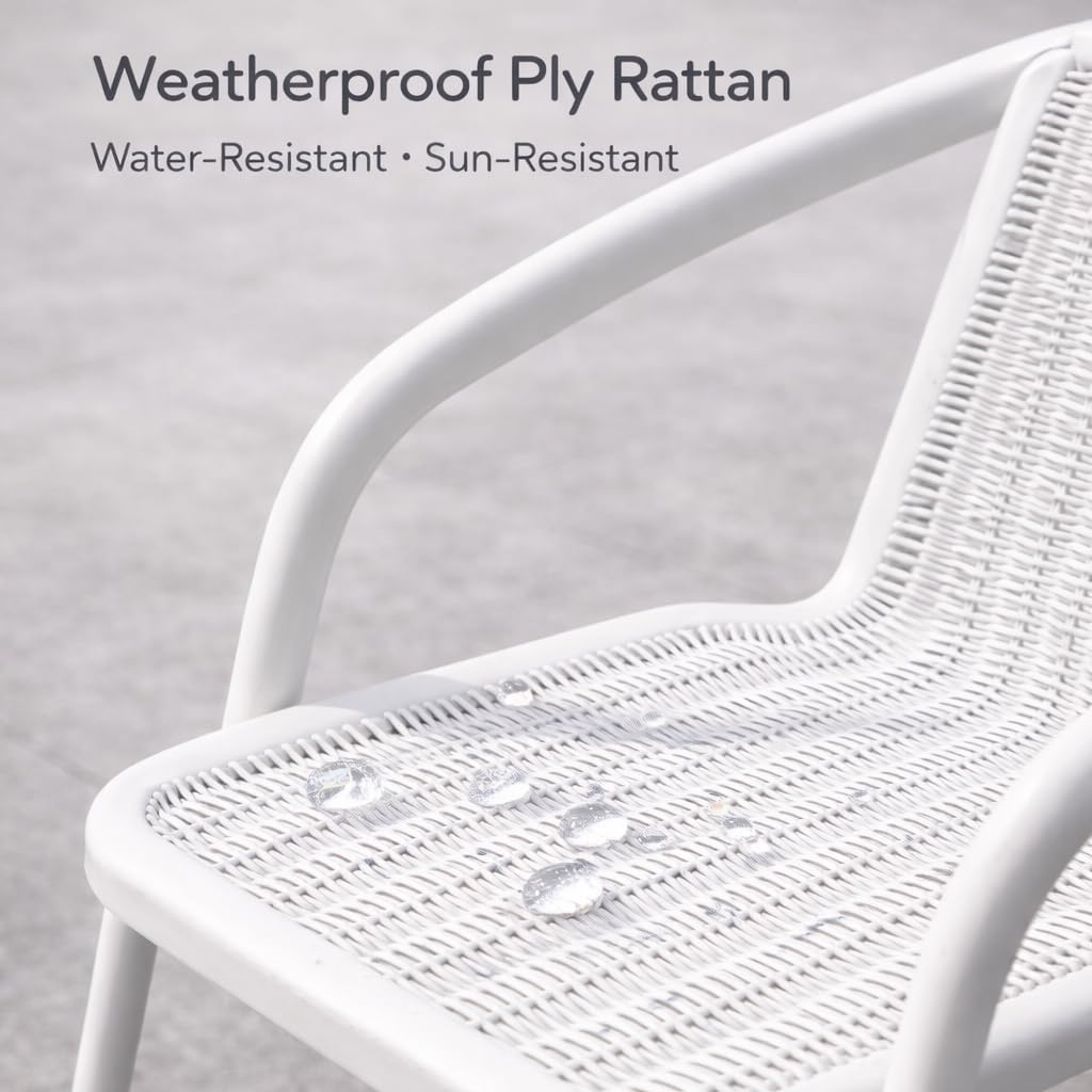 Deep Sleep 4-Seater Outdoor Dining Set | Round Glass Table & Stackable Ply Rattan Chairs | Weatherproof Balcony & Patio Furniture Set | White