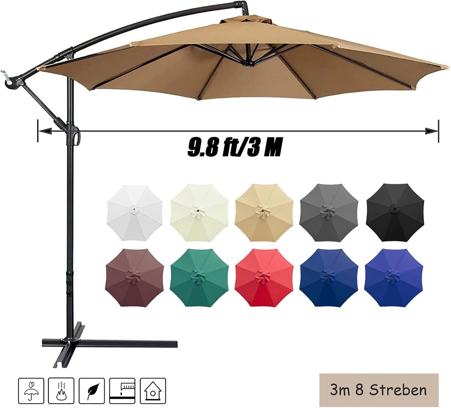 3m Replacement Outdoor Umbrella Canopy | 8-Rib | UPF 30+ Waterproof | Multiple Colours