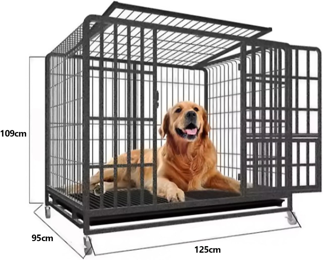 Heavy Duty Dog Crate - 37 Inch Large Metal Dog Crate with 2 Doors and 4 Wheels, Full Square Tube Kennel for Large and Medium Dogs, Removable Tray