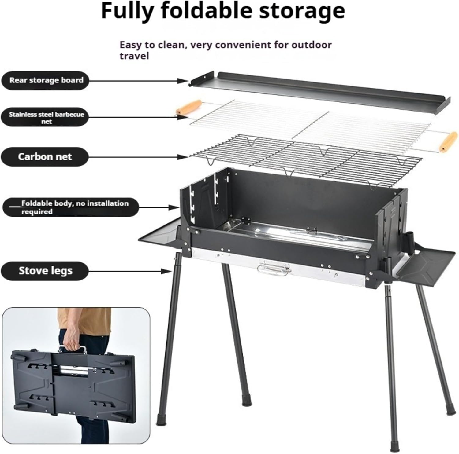 Folding Barbecue Charcoal Grill, Outdoor Windproof Charcoal Grills with 3-Sided Storage Board and Frying Pan, Stainless Steel Large BBQ Stove for Backyard, Garden, Camping, Picnic, Party.